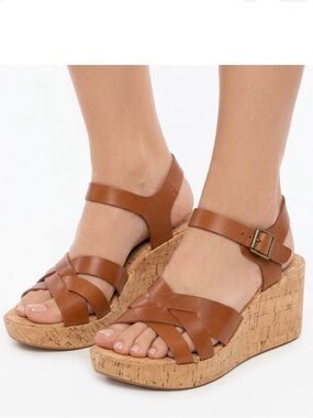 Korks by Kork-Ease Brown Leather Cork Wedge Sandals Strappy Heels Size 9 40.5